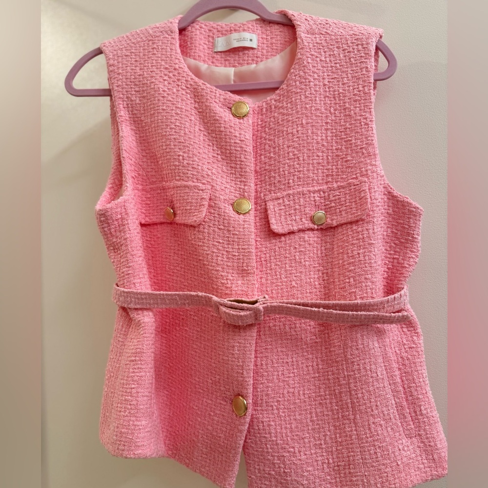 Zara Pink Tweed Belted Vest with Gold Buttons